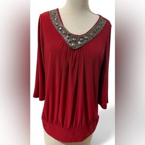 Jennie & Martis Elegant Dark Red 3/4 Sleeve Jewel Embellished Women's Top